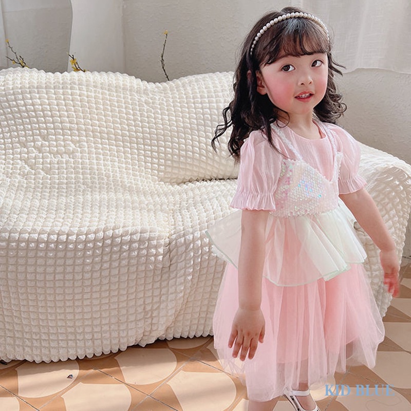 Đầm Công Chúa Giả Hai Lớp Cổ Tròn Phối Lưới Đính Kim Sa Phong Cách Phương Tây Thời Trang Mùa Hè Dành Cho Bé Gái Sơ Sinh