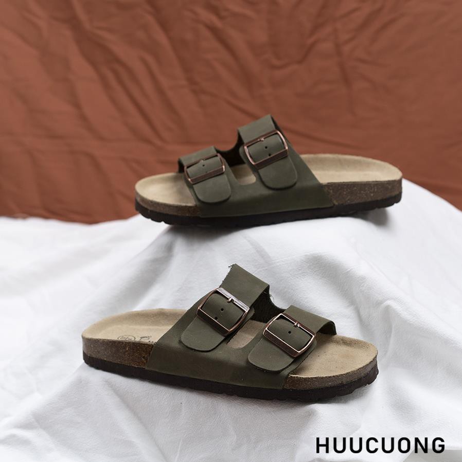 Dép unisex 2 Khóa HUUCUONG Quai Da Thật Màu Xanh Rêu Đế Trấu