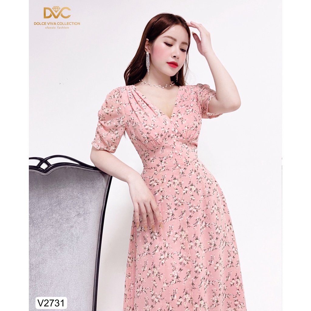 VÁY HỒNG VOAN CÁT CỔ V HỌA TIẾT HOA NHÍ V2731-DVC