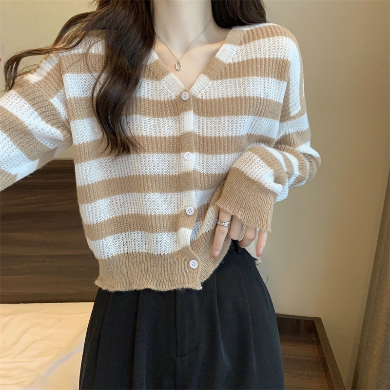 SUXI Áo Khoác Cardigan Dệt Kim Mỏng Dáng Rộng Họa Tiết Kẻ Sọc Thời Trang Cho Nữ
