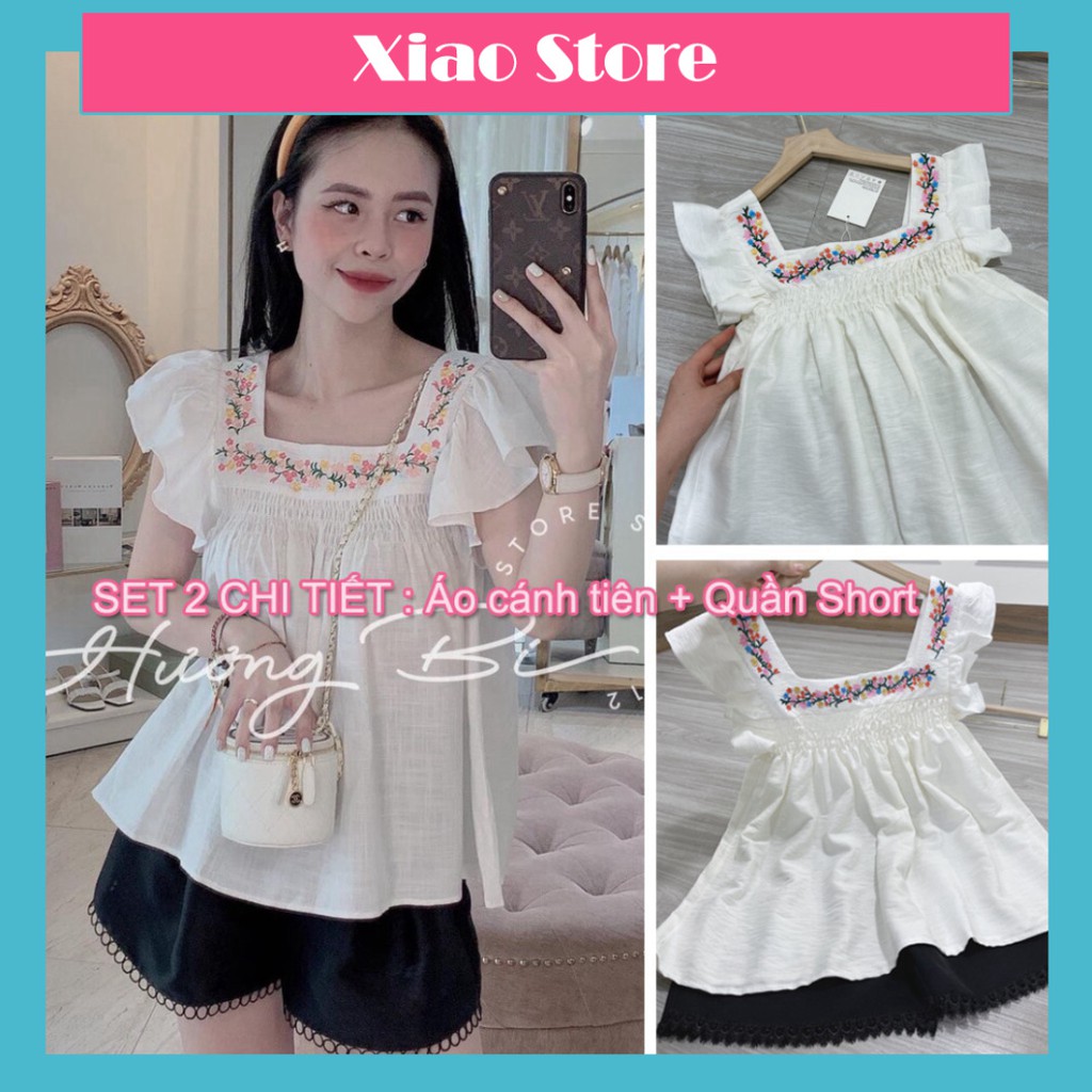 áo babydoll trắng cánh tiên kèm quần sóc đen, cổ thêu hoa xịn xò lắm Chất đũi xước QC from bao xinh ulzzang xiao chất đẹ