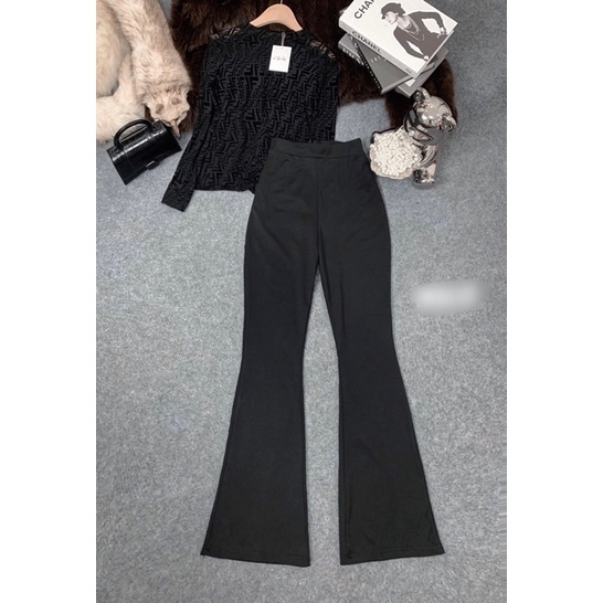 Quần tây loe đen lưng cao co giãn tôn dáng kéo khoá sau.