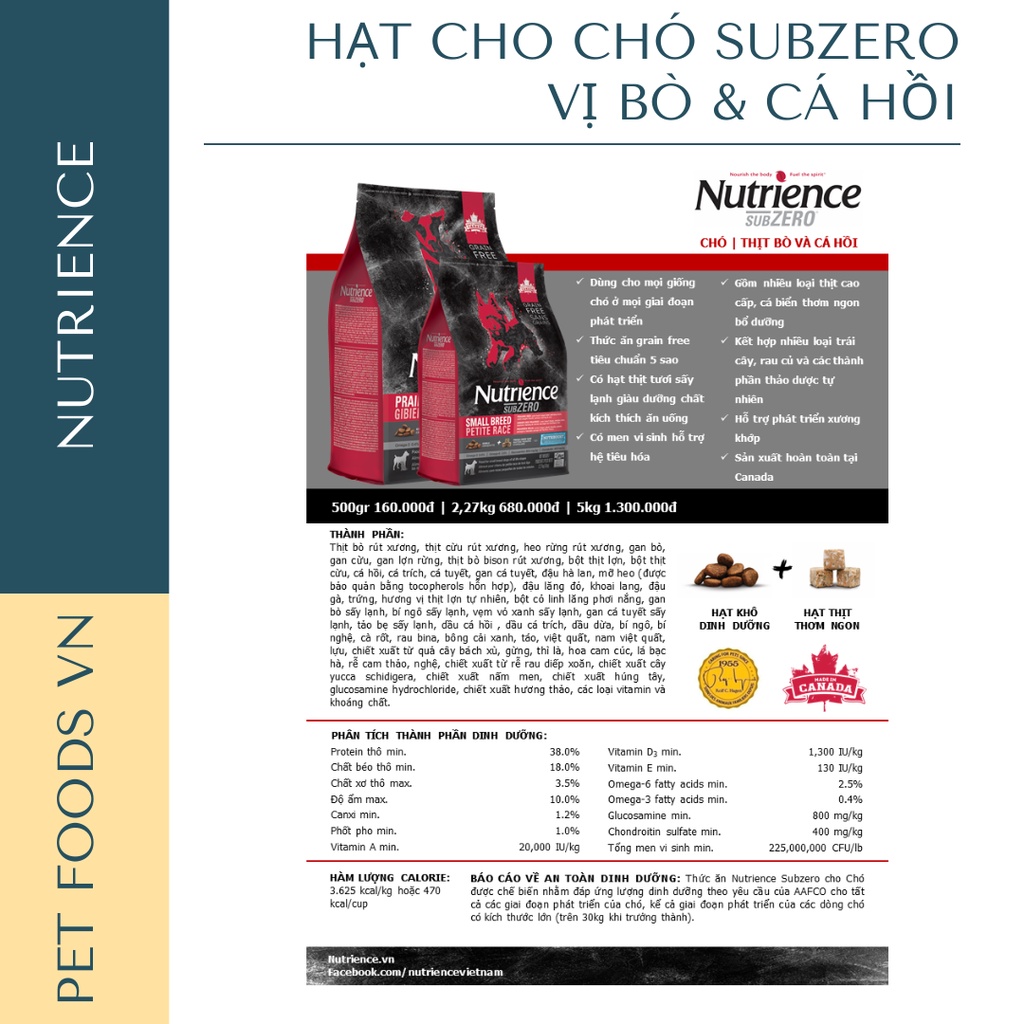 Hạt cho chó NUTRIENCE Subzero Dog 500g vị Bò &amp; Cá Hồi