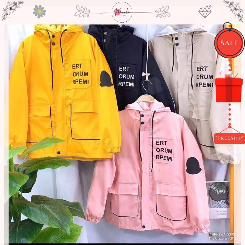 Áo Khoác Kaki ERT Lót Lụa In Chữ Khóa Kéo 2 Túi Trước Dáng Rộng 4 Màu Freesize