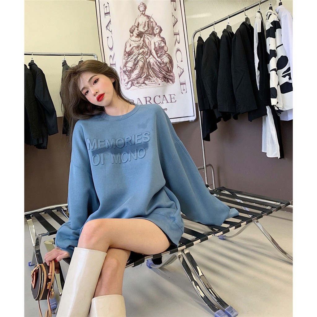 Áo sweater dáng dài giấu quần in chữ dập nổi cá tính ulzzang - Có ảnh thật