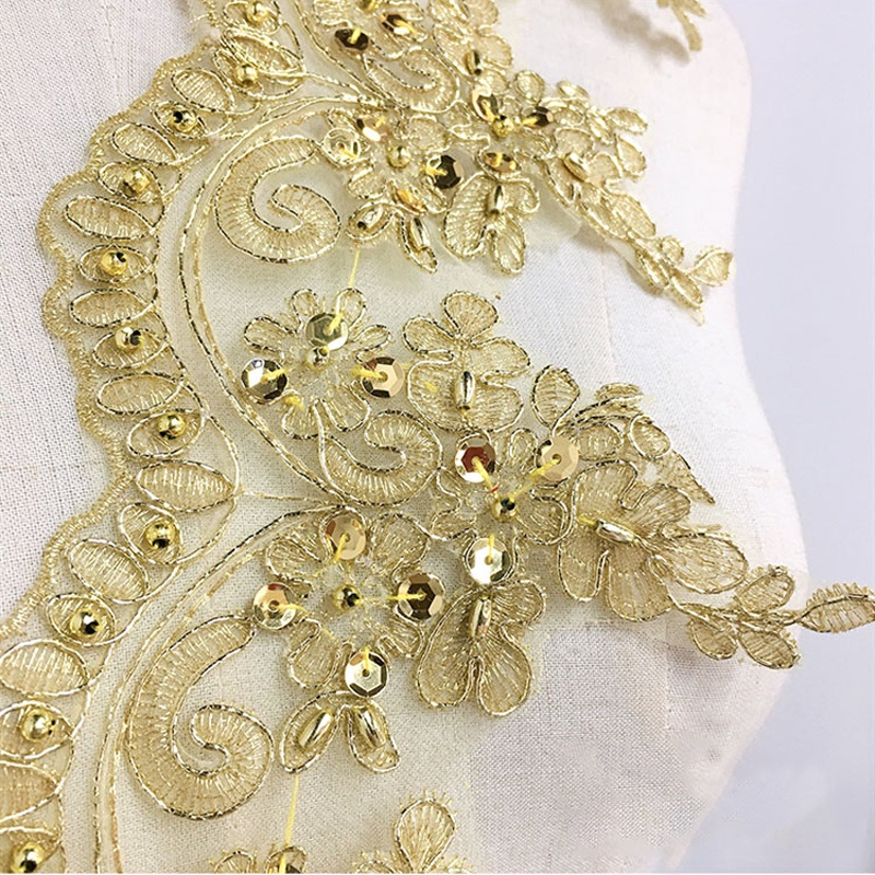 Vải Ren Thêu Đính Kim Sa Màu Vàng Đồng 1Yard Rộng 13CM Dùng May Đầm Khiêu Vũ DIY