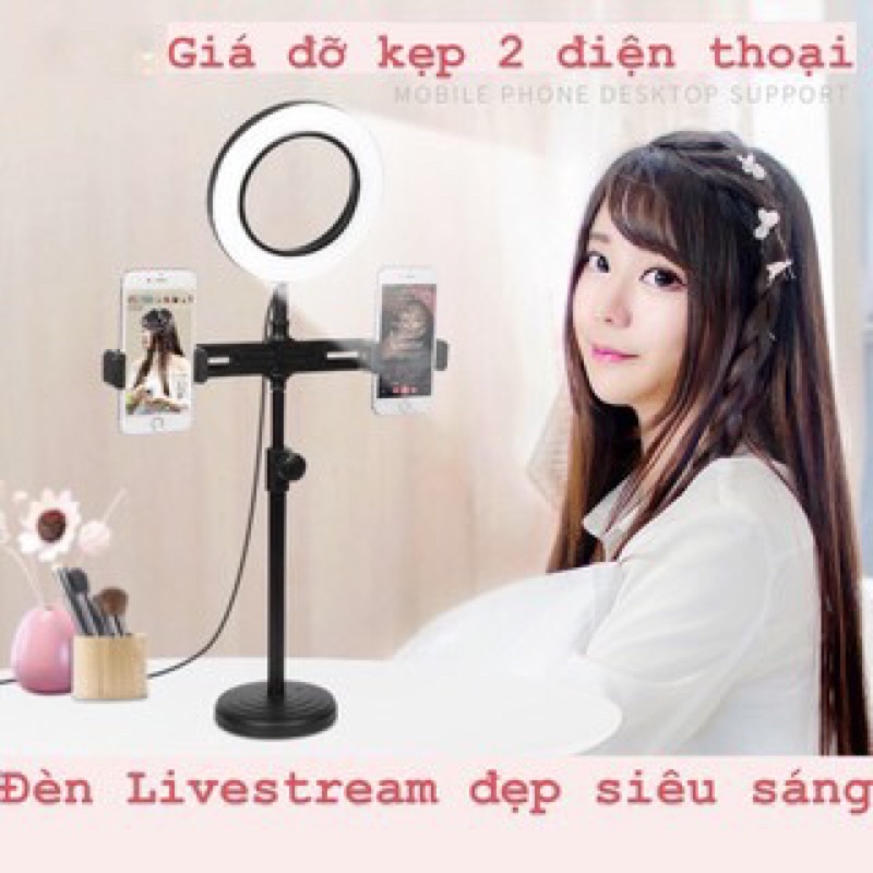 Đèn Livestream Để Bàn 3 Chế Độ Sáng, Kẹp 2 Điện Thoại Có Đèn Hỗ Trợ Quay Tiktok, Make up