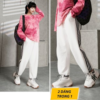 Quần Jogger Nữ Nam 3 Sọc Form Ống Rộng Thể Thao Có Thể Để Xuông Hoặc Rút Dây Bo Gấu Màu Trắng, Đen, Xám