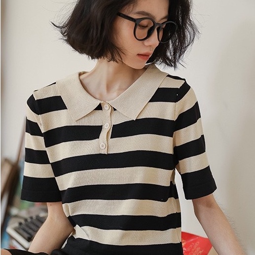 Áo len mỏng nữ croptop hoạt tiết kẻ ngang dệt kim tay ngắn len tăm cộc tay free size kiểu Hàn Quốc Hanaki