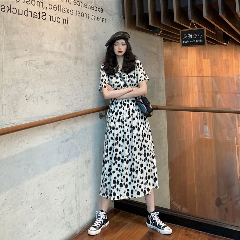 NRVP Đầm dáng chữ A dài vừa lưng cao tay ngắn họa tiết chấm bi thời trang 2020