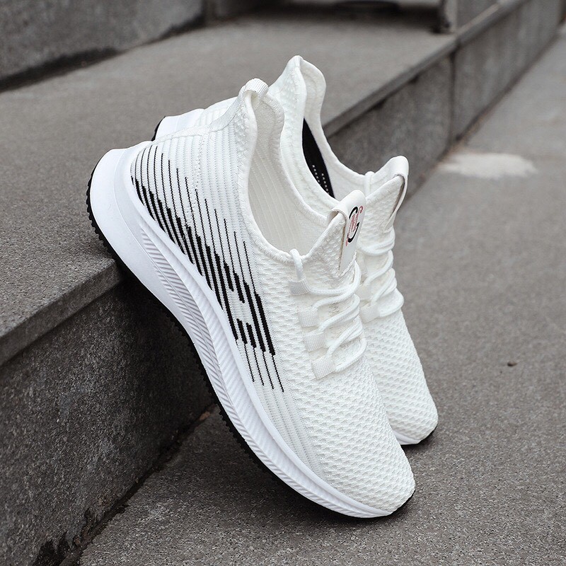 Giày sneaker thể thao rẻ đẹp nam nữ vải dệt kim cao cấp màu trắng thoáng khí êm nhẹ hot 2020 BOM-001T