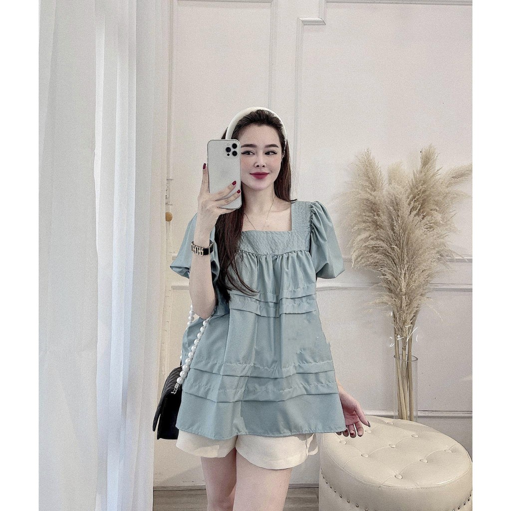 &lt;FREE SHIP HCM&gt; Áo babydoll cổ vuông, tay bo phồng trẻ trung, chất qccc chuẩn hàng bán shop $^$#