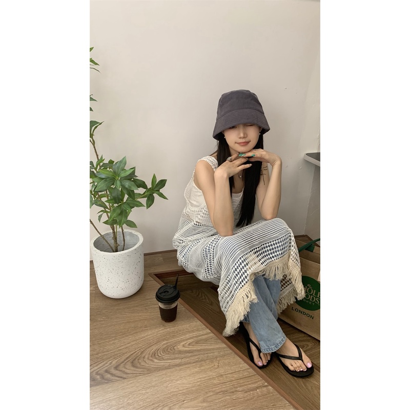 Váy lưới trắng dáng dài dệt kim lưới rỗng tua rua phong cách retro