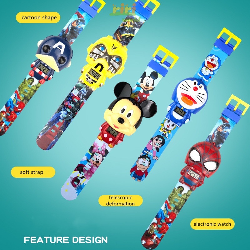 Đồng hồ điện tử cho bé - Đồng hồ nhân vật hoạt hình Siêu Nhân, Siêu Anh Hùng Marvel Spider Man Iron Man yêu thích cho bé