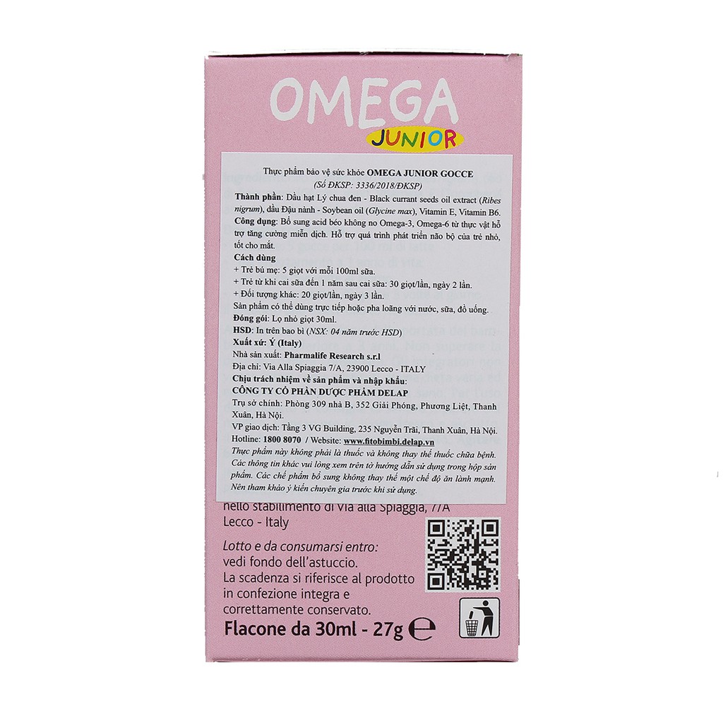 Fitobimbi Omega Junior - Phát triển trí não cho bé (Lọ nhỏ giọt 30ml)