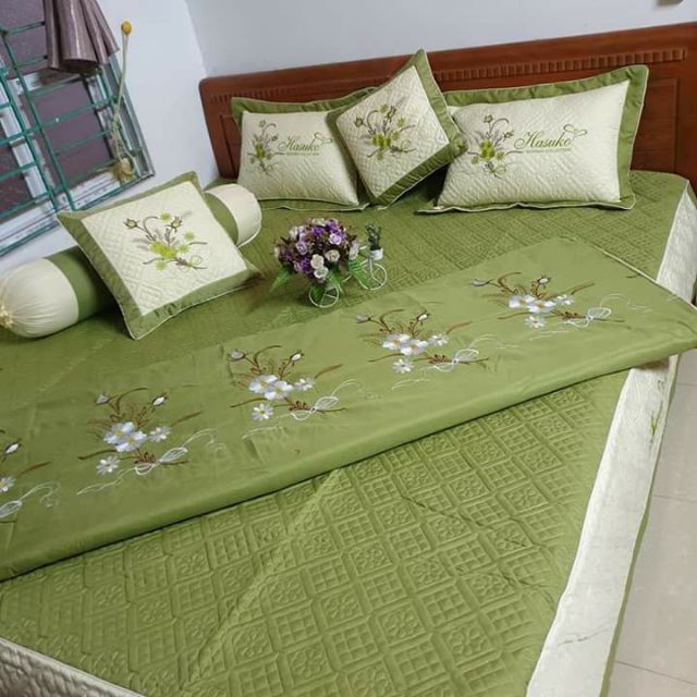 Bộ vỏ chăn ga gối satin poly cotton 7 món trần thêu màu trơn sang trọng