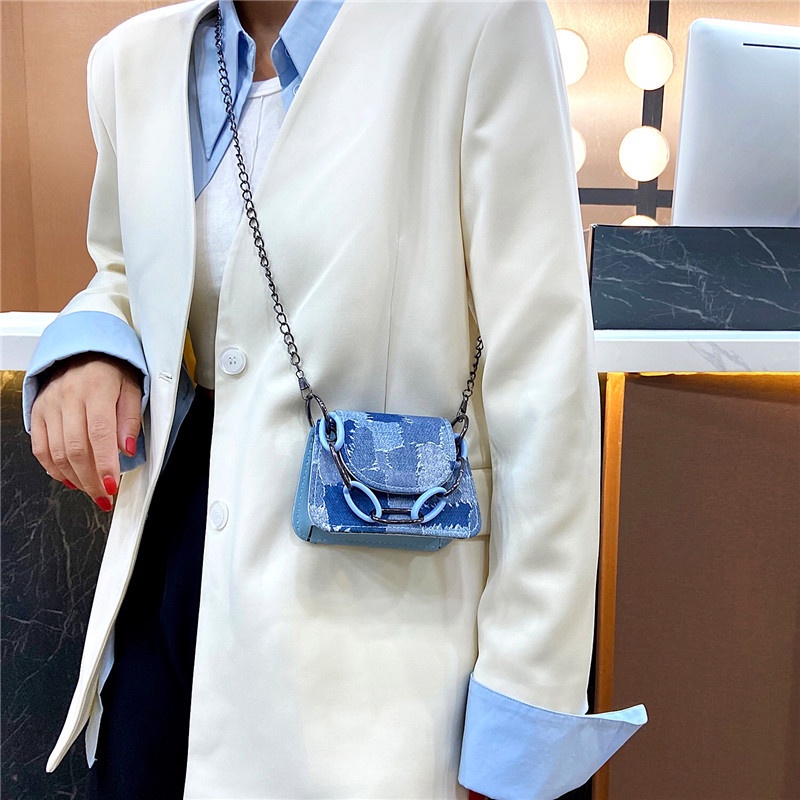 Túi đeo vai IELGY bằng denim có dây đeo dạng xích thời trang dành cho nữ