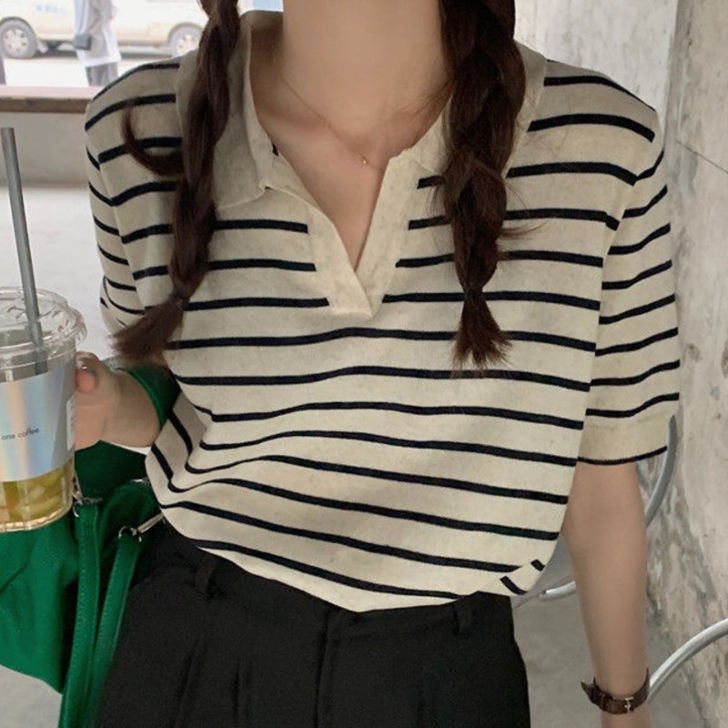Áo thun RENJIANVSHENG 154712 cổ polo tay ngắn dáng rộng kẻ sọc ngang trẻ trung phong cách retro đơn giản hợp thời trang