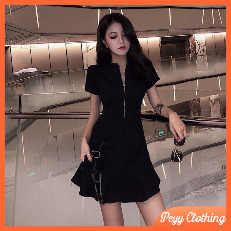 Đầm nữ đen body dự tiệc dáng xòe ngắn tay phối khóa ngực cao cấp V17 - Peyy Clothing