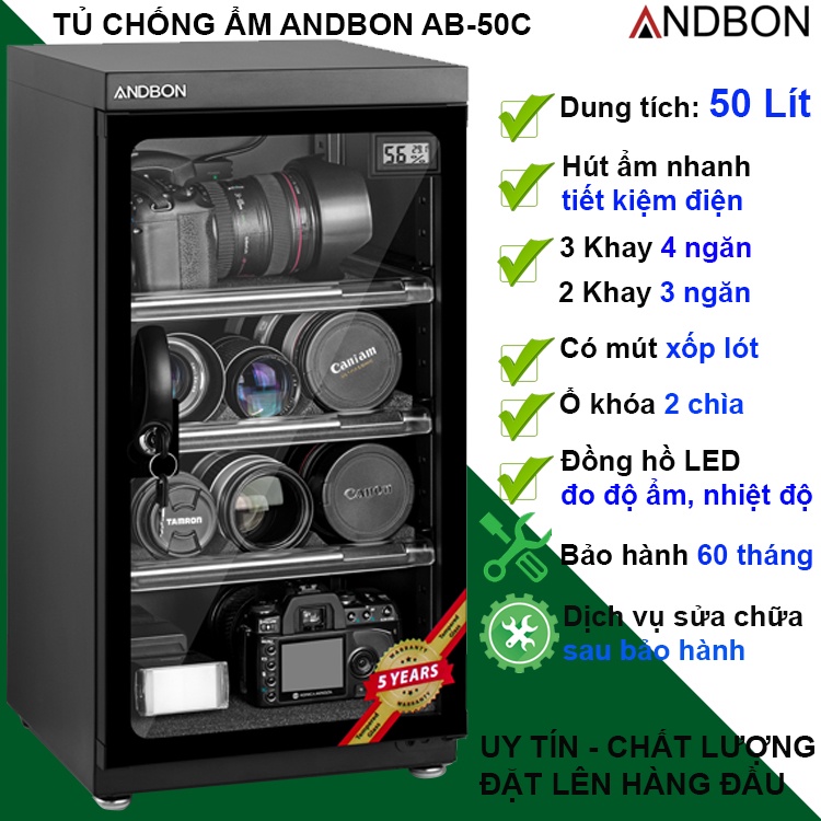 Tủ chống ẩm 50 Lít Andbon AB-50C, BH 5 năm, 2-3 khay