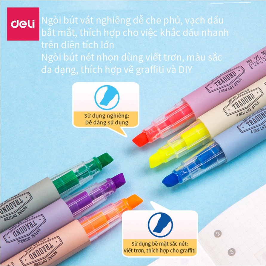 Bút highlight dấu dòng dạ quang- vỉ 6 chiếc- Deli S624 , Rui 3026/3027- nhớ dòng /vẽ graffiti / DIY- vpp Diệp Lạc sỉ/lẻ