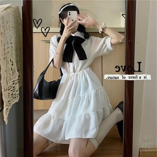 Váy đầm xoè đen trắng cổ buộc nơ eo thắt dây nữ sinh