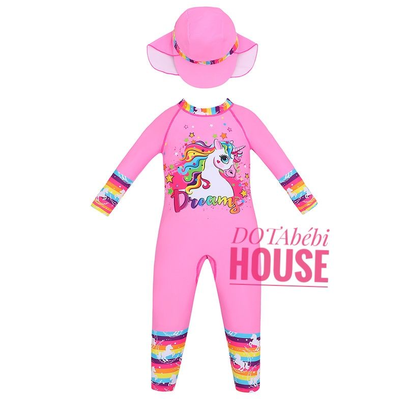 15-35kg Đồ bơi liền thân quần dài tay dài kỳ lân hồng size đại cho bé gái có nón che gáy-DOTAbébi HOUSE mã SW0306.9317