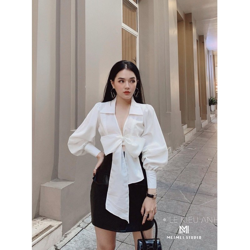 Áo sơ mi tay bồng dài tay buộc nơ croptop