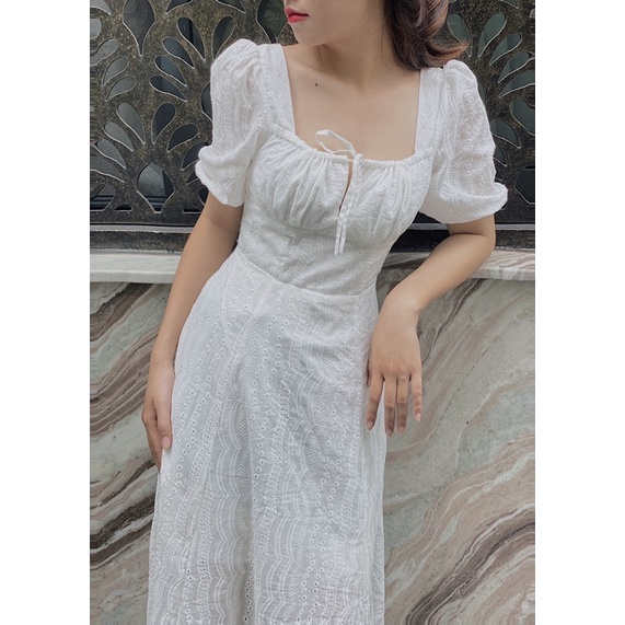 Váy hoa nhí tay phồng xẻ tà dáng dài phong cách Hàn Quốc size S M CHIEDESIGN