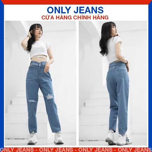 Quần baggy jean nữ ☘ Quần jean baggy rách gối chất bò - vải màu xanh đậm in hình chuột Mickey năng động, cá tính MS612