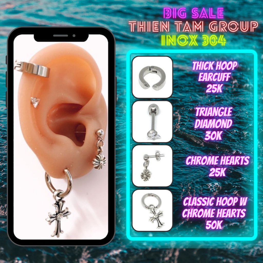 Khuyên tai chữ thập đá tam giác kẹp tròn bằng inox 304 không han rỉ - Tâm Tattoo