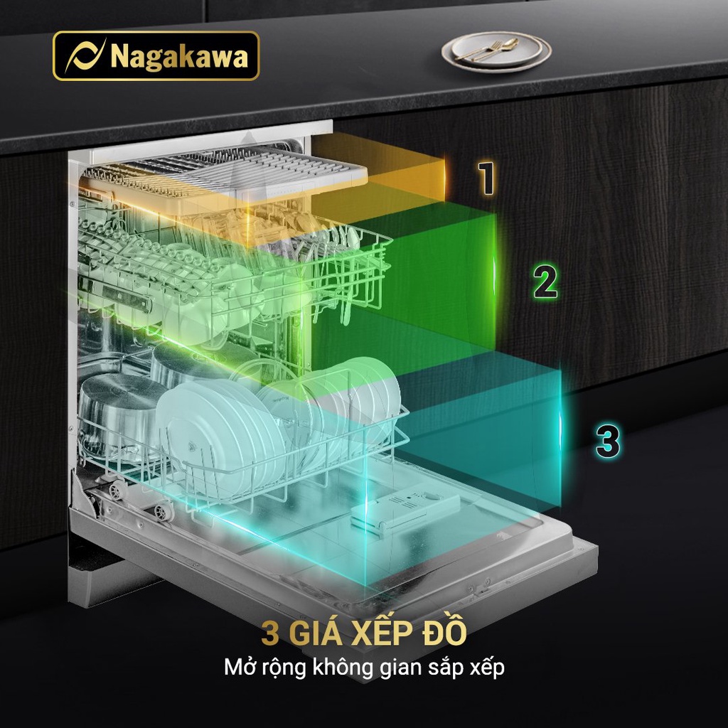 Máy rửa bát 14 bộ cao cấp Nagakawa NAG3602M14 - Bảo hành tại nhà 2 năm - Made in Malaysia