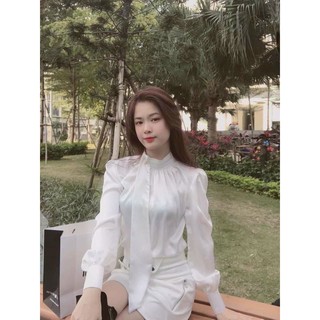 Áo Sơ Mi Lụa Trắng Phối Nơ Dài