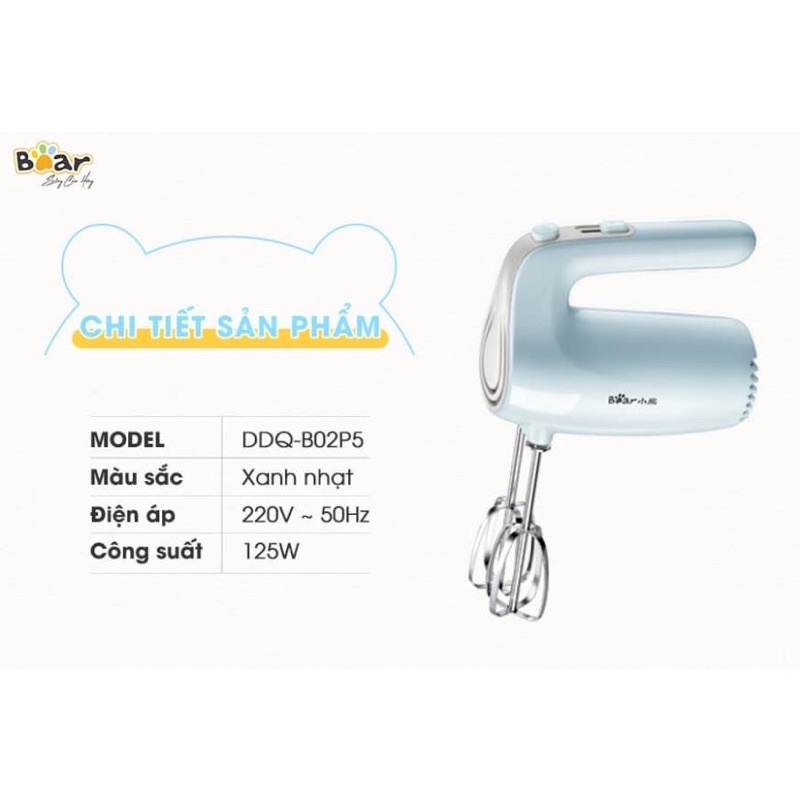 Máy đánh trứng mini cầm tay BEAR - Công suất 125W - 5 chế độ khác nhau - Que đánh trứng bằng Inox không gỉ