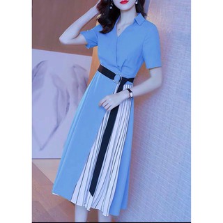 [Hàng có sẵn] Đầm xanh đậm phối sọc