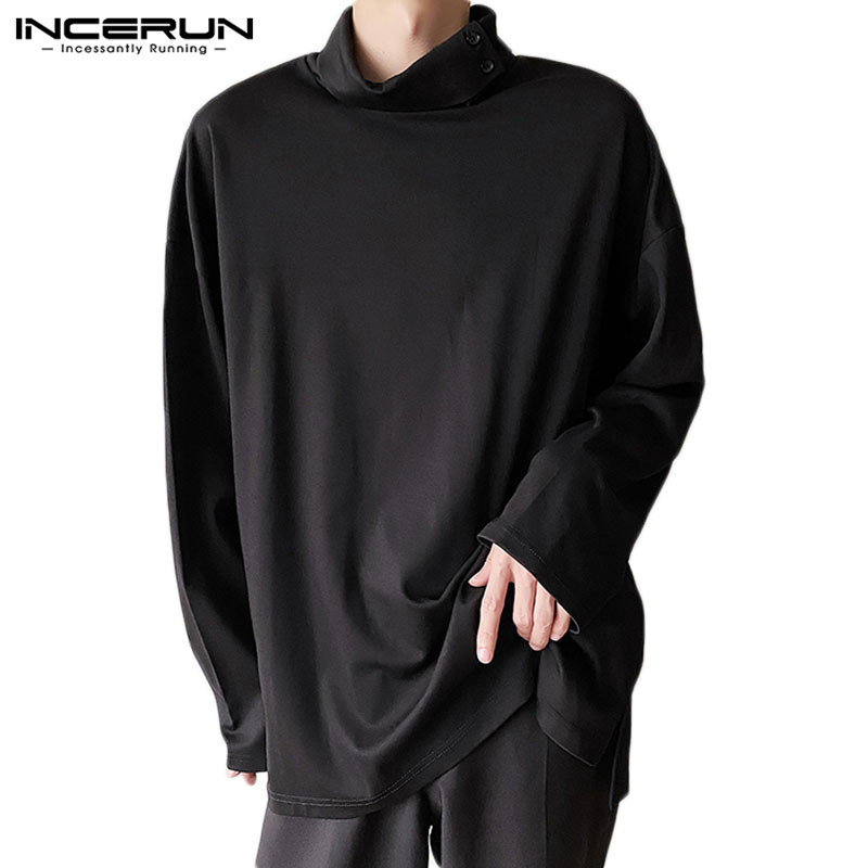 Áo thun nam INCERUN tay dài cổ cao màu trơn