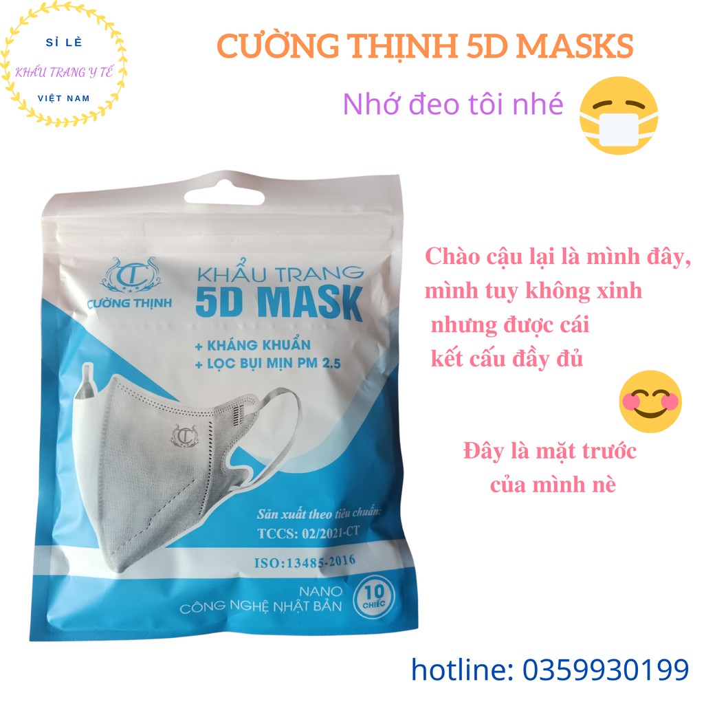 [CƯỜNG THỊNH] Khẩu Trang Y Tế Cao Cấp Người Lớn 5D MASK Màu Trắng 10 chiếc 1 Túi