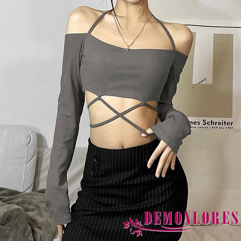 DEMQ-Women Solid Color Halter Neck Off Shoulder Long Sleeve Bandage Korean Style Crop Tops