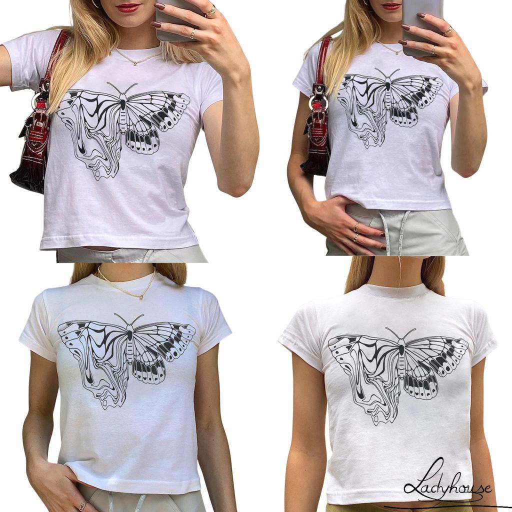 Áo Thun T-shirt Tay Ngắn Cổ Tròn In Hình Bướm Thời Trang Mùa Hè Cho Nữ
