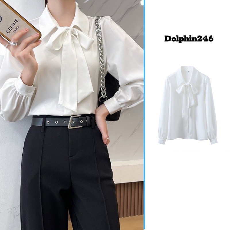 Áo Sơ Mi Tay Dài Công Sở Cho Nữ Thắt Nơ Kiểu Phong Cách Hàn Quốc Form Rộng S3T5-3