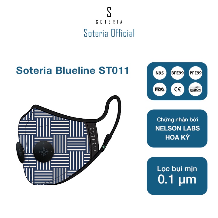 Khẩu trang tiêu chuẩn Quốc Tế SOTERIA Blueline ST011 - Bộ lọc N95 BFE PFE 99 lọc đến 99% bụi mịn 0.1 micro- Size S,M,L