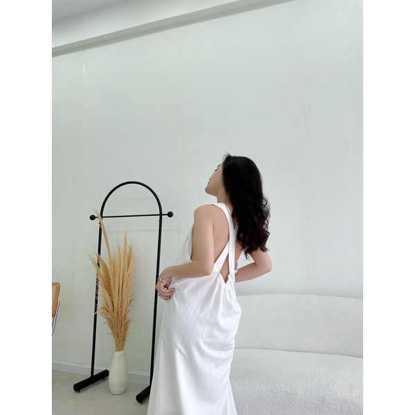 Đầm maxi đan dây chéo H2 xanh/trắng phù hợp mặc đi du lịch, đi biển, dạo phố vải siêu đẹp