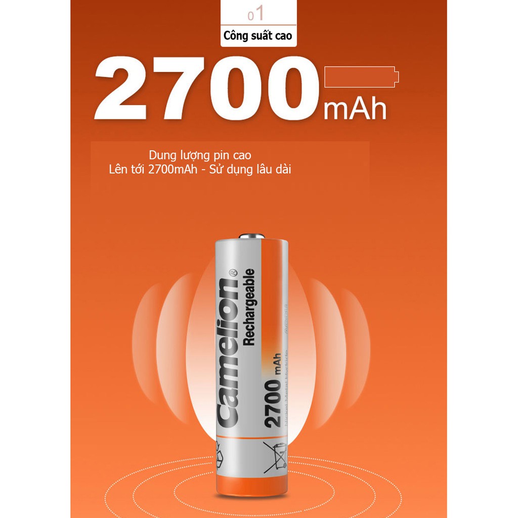 Vỉ 4 viên pin sạc AA Camelion 2700mAh Rechargeable (màu cam) - Hàng chuẩn