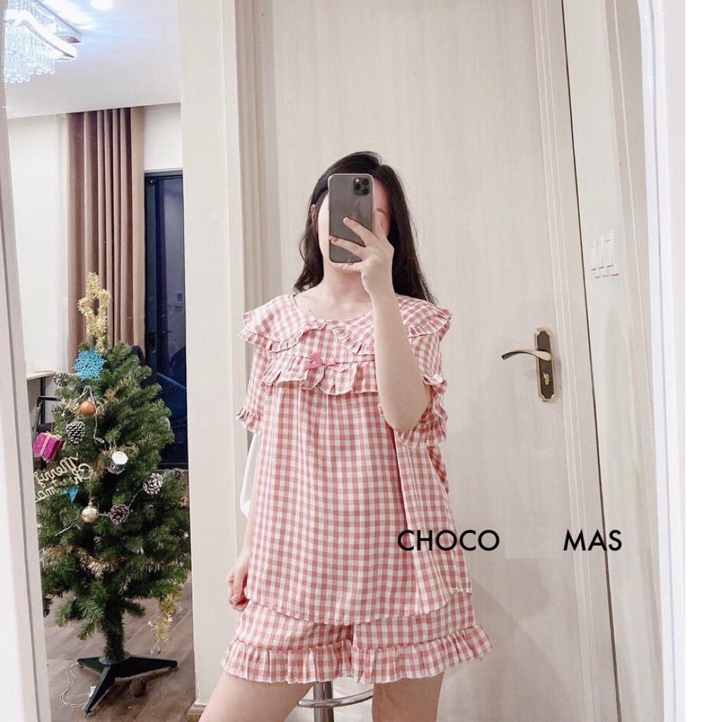 Bộ bầu đùi babydoll cổ bèo kẻ caro cực trẻ trung xinh xắn, chất đũi kẻ cao cấp mềm nhẹ mát