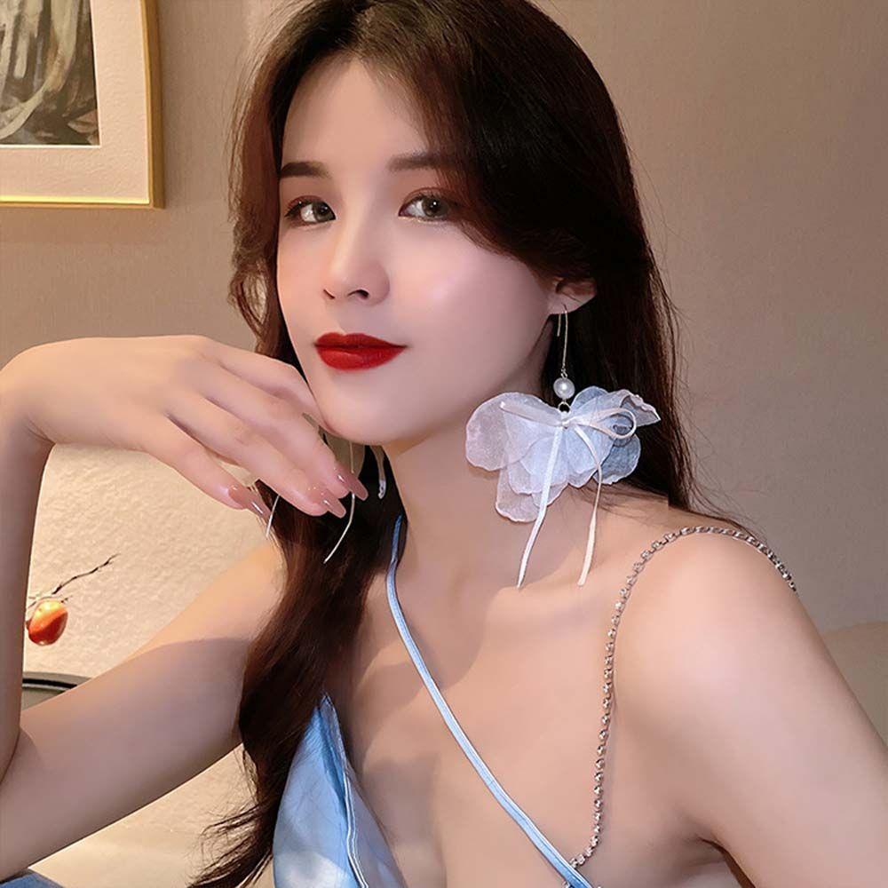 Bông Tai Dáng Dài Hình Bông Hoa Màu Trắng Phong Cách Retro Thời Trang Cho Nữ
