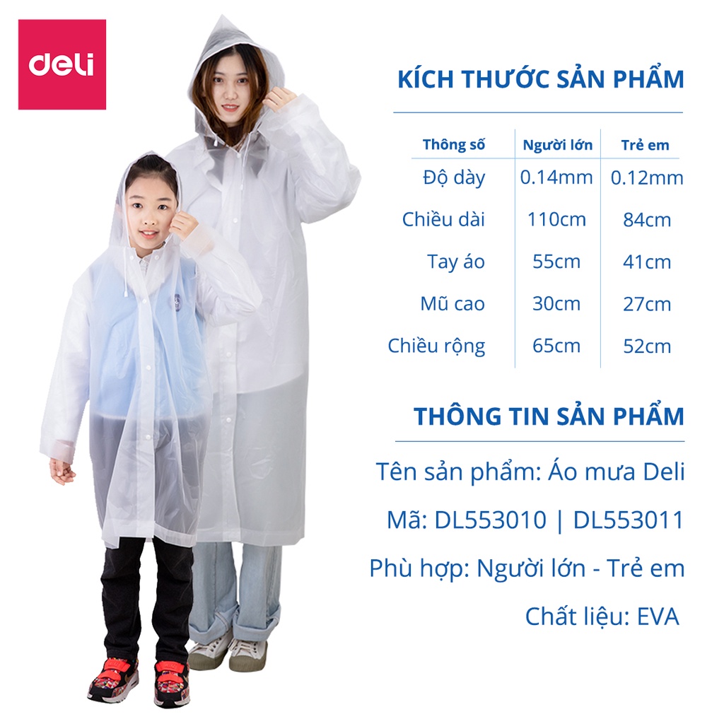 Áo Mưa Trong Suốt Deli - Phù hợp mưa phùn, bụi, nồm, ẩm - Vải Chống Thấm Cao Cấp - Thời Trang - DL553010 / DL553011