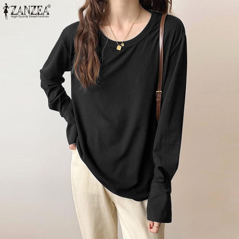 Áo thun ZANZEA tay dài cổ tròn phong cách Hàn Quốc sành điệu cho nữ