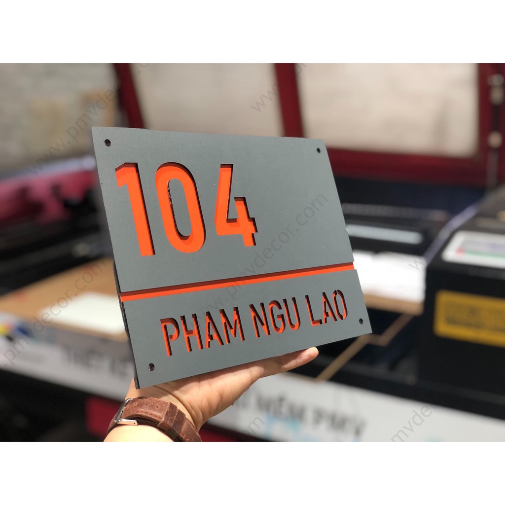 BẢNG, BIỂN SỐ NHÀ. Alcorest cam + Mica ghi sần, số chìm, ngoài trời. BSN-PMV58