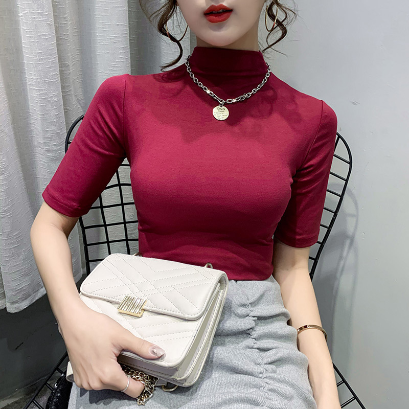 Áo Thun Tay Ngắn Cổ Cao Dáng Ôm Màu Sắc Đơn Giản Phong Cách Hàn Quốc Cho Nữ