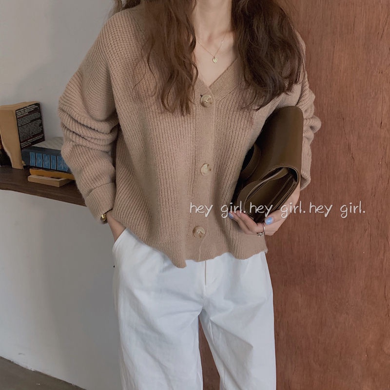 Áo Khoác Cardigan Tay Dài Dáng Rộng Cổ Chữ V Vải Len Dệt Kim Mềm Mại Phong Cách Hàn Quốc